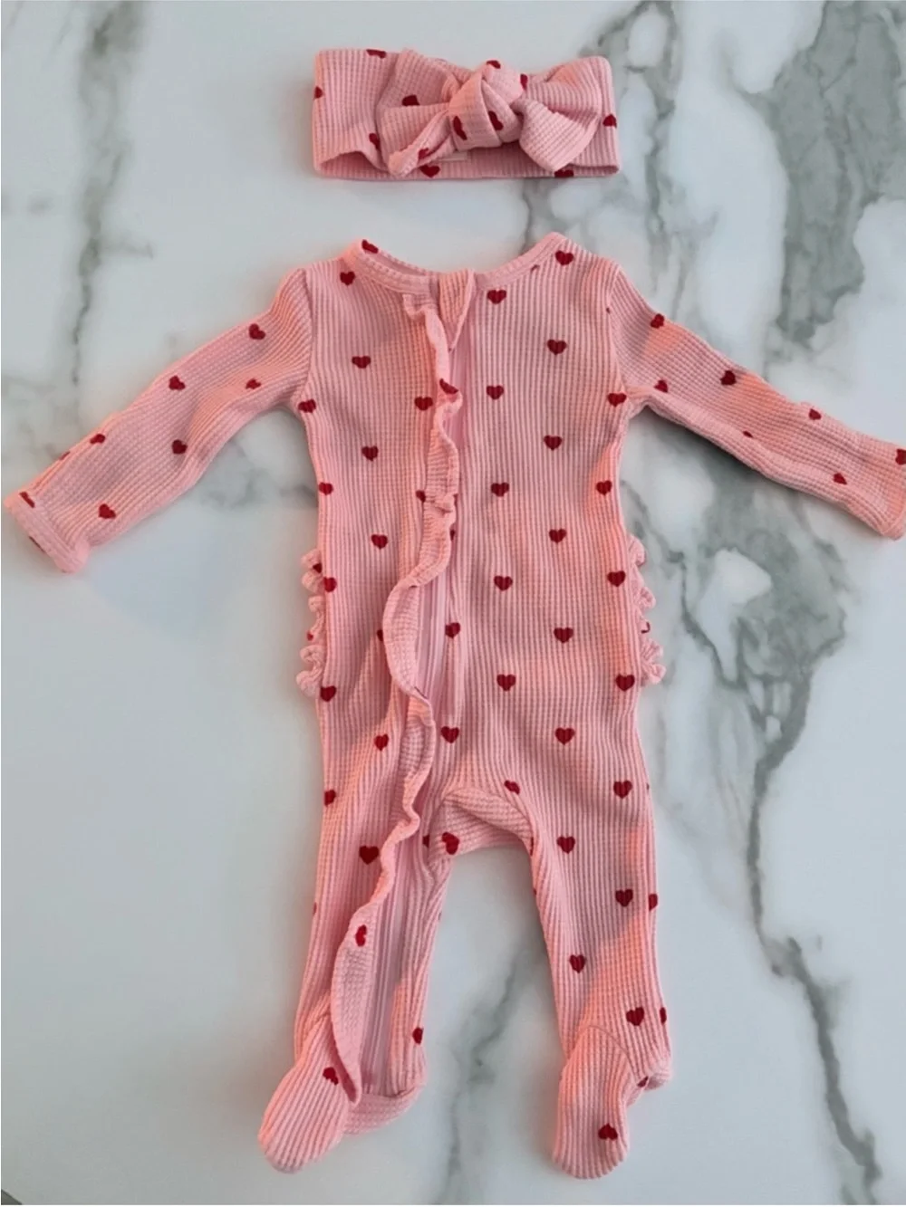 Spearmint Love waffle pint heart ruffle footie and headband newborn